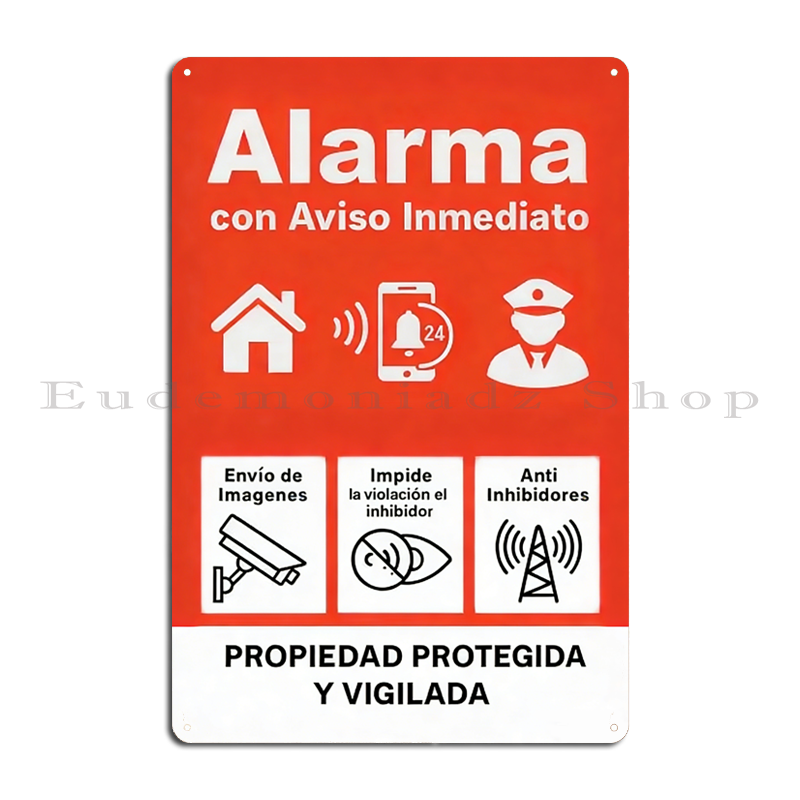 Home Security Alarm System - レトロ 24 時間警報システムメタルサインプラークヴィンテージスペインセキュリティ装飾アイコン付きレッドホームプレートブリキサインポスター
