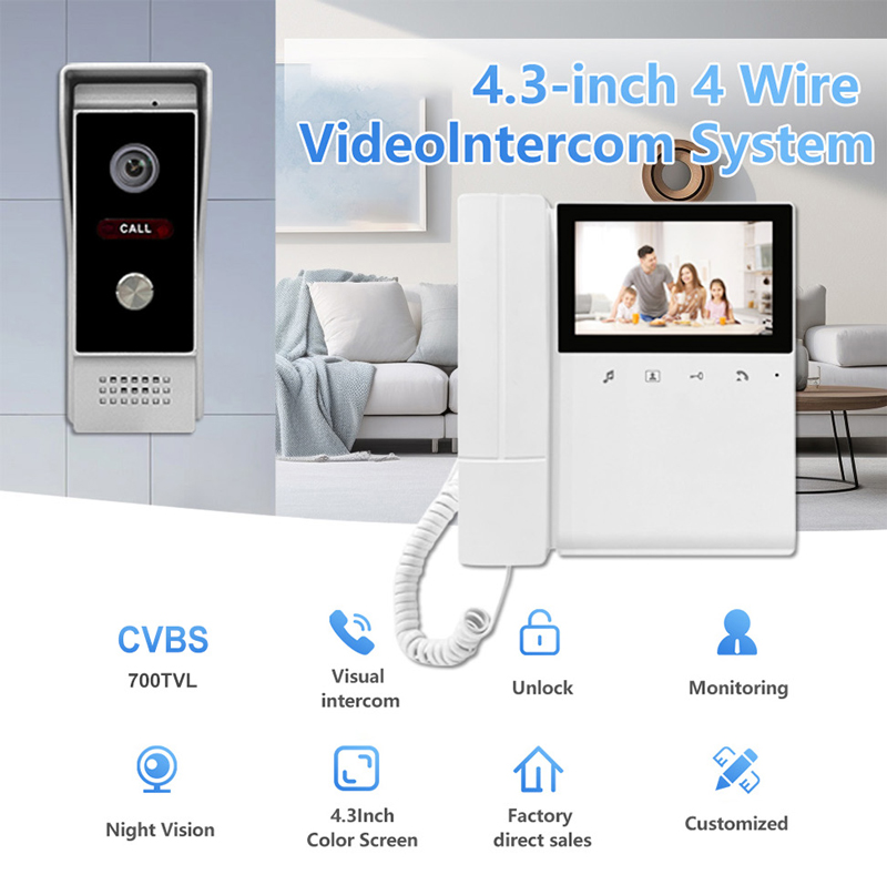 Home Security Uk - 4線式ビデオビルインターホン ドアベルシステム 4.3インチディスプレイ ハンドルデザイン ビデオドアホンキット 家庭用住宅セキュリティ向け