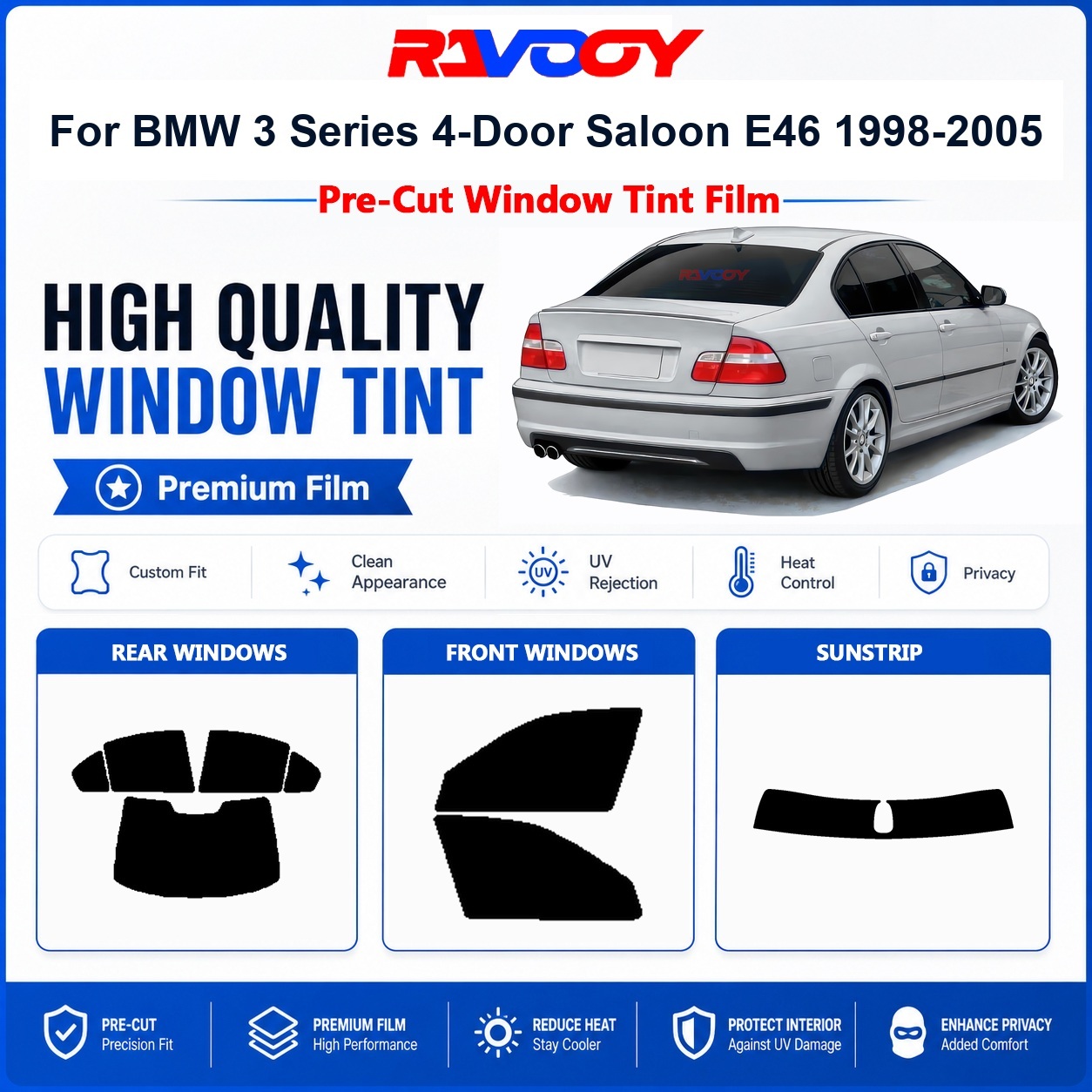 Home Security For Windows - BMW 3シリーズ 4ドアセダン E46 (1998-2005)用プレミアムプレカットウィンドウティント フロント＆リアウィンドウ