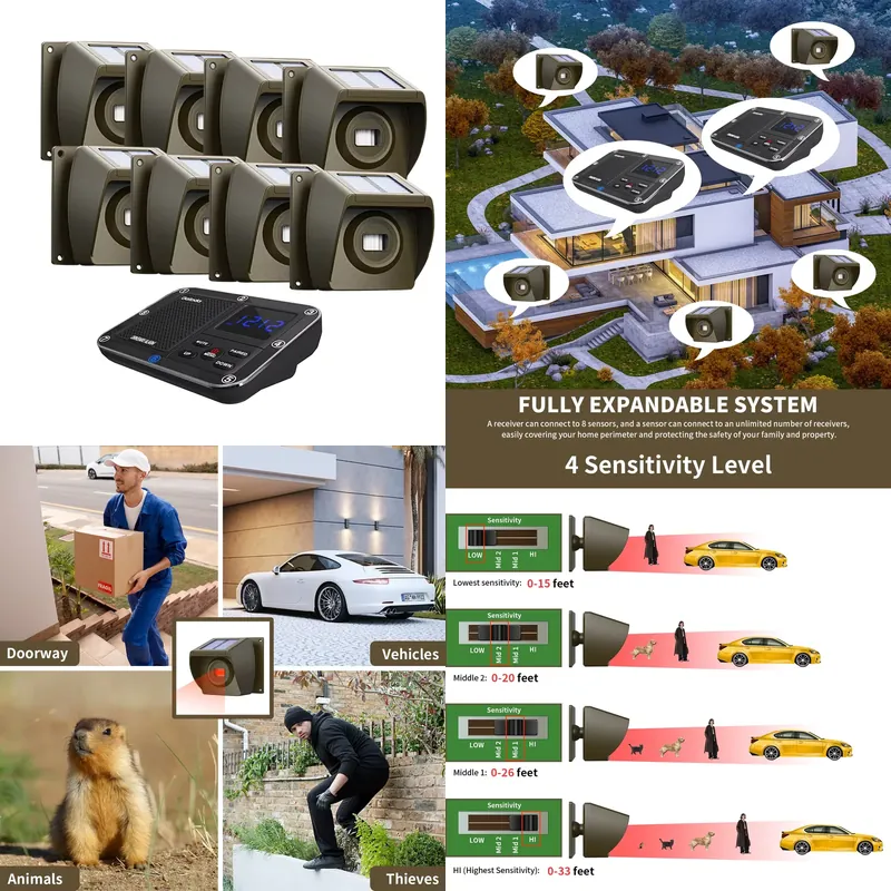 Home Security Alarm System - 屋外ソーラー発電式ワイヤレス私道警報システム、PIRモーションセンサー付き、家庭および農場のセキュリティ用、受信機1台、センサー8個